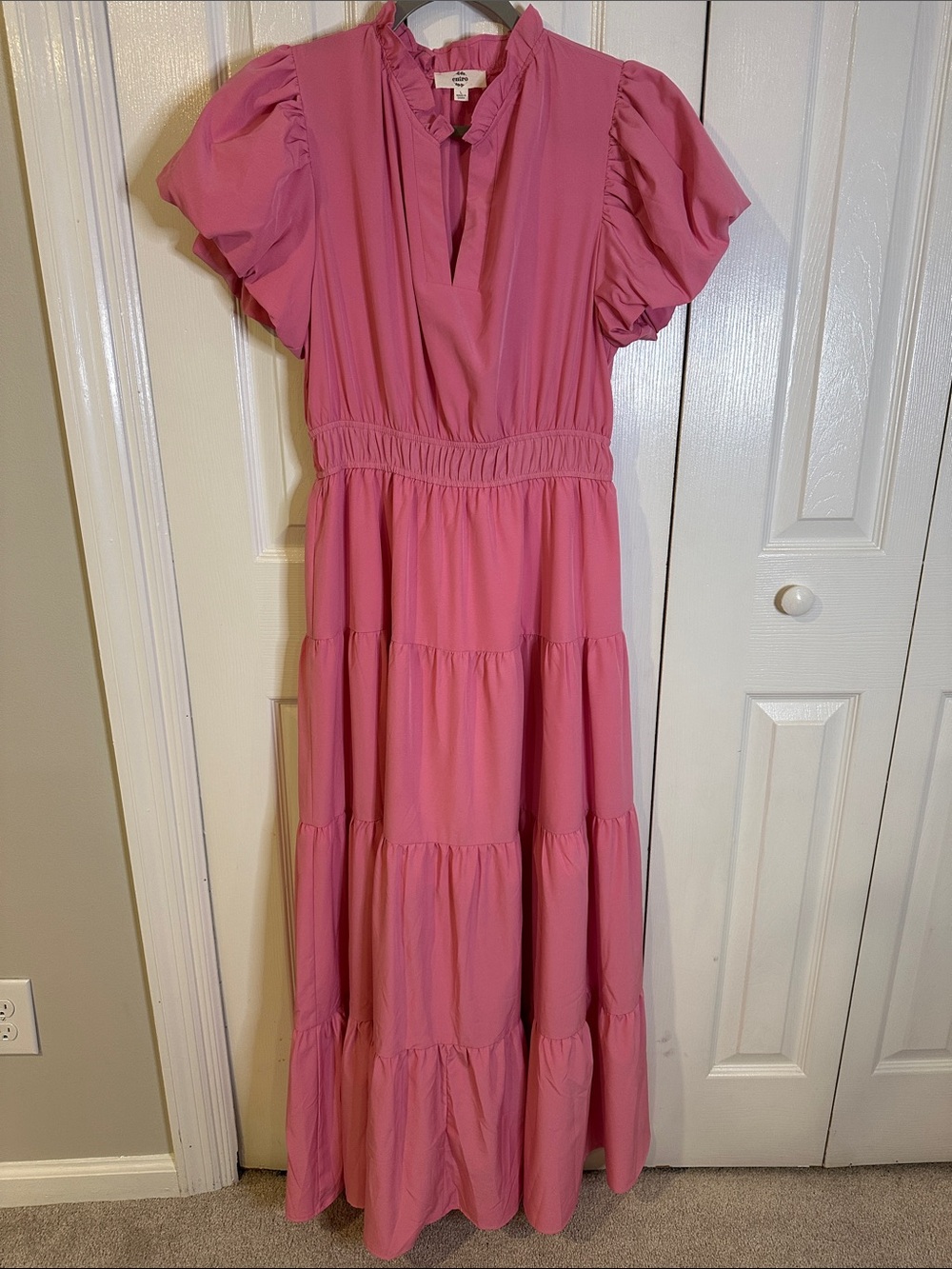 entro Pink Tiered Maxi Dress with Ruffled Neckline | L